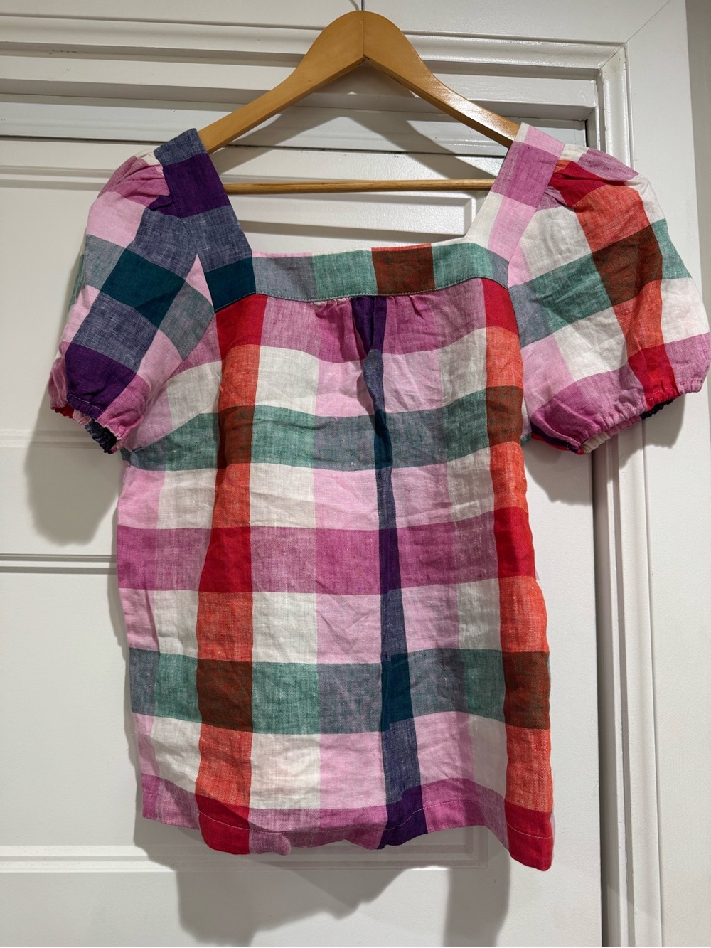Boden Gingham Check Linen Square Neck Short Puff Sleeve Top - Picture 5 of 9